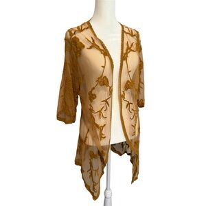 Maurice’s Sheer Floral Embroidered Kimono Cardigan in warm caramel tone
